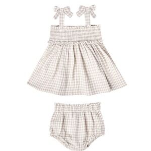 Quincy Mae Mae Smocked Top + Bloomer Set | Silver Gingham
